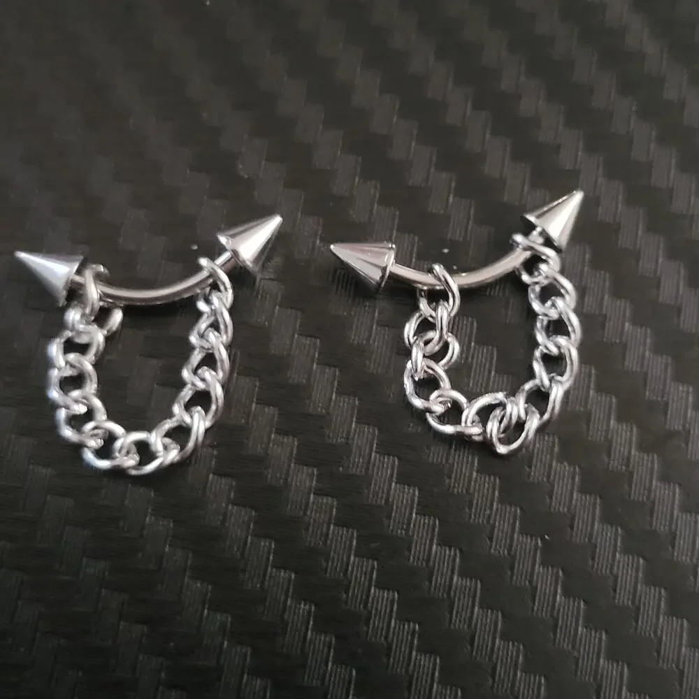 silver stainless steel chain spiked stud earrings